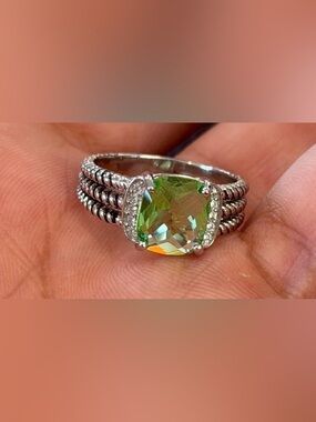 David Yurman Sterling Silver Petite Peridot & Diamond Wheaton Ring Size 6.5